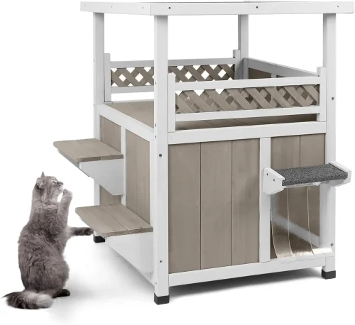 Outdoor Cat House Weatherproof, 2 Story Indoor Cat House Condo Outside Feral Shelter Waterproof with Balcony Escape Door