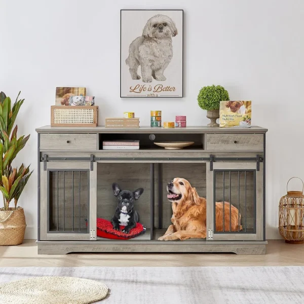 Dog Crate Furniture, 66" Large Heavy Duty Wood Dog Kennel with Divider & Drawers, Dog House Cage for 2 Medium Dogs, End Table TV