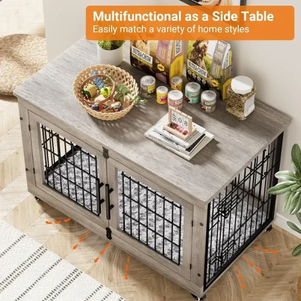 Lulive Dog Crate Furniture,Dog Kennel Indoor Double Doors Wooden Dog Cage,38'' Heavy Duty Dog Crate with Cushion&Wheel,Pet House