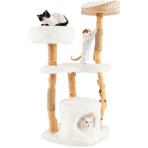 Tangkula Cat Tree Tower, Solid Wood Modern Cat Tower with Top Cattail Basket Bed, Side Perch, Large Platform & Condo, Cute Cat T
