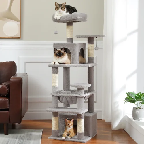 6-levels Safe and Stable Cat Tree with Soft Hammock,Dual Condos,Double Top Perches,5 Scratching Posts Suittable Multi Cats Home