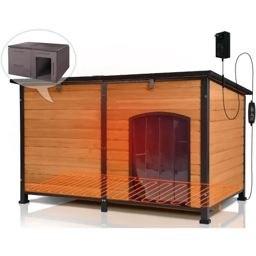 Large Heated Dog House with Insulated Liner for Outdoor - Waterproof Outside Dog Kennel for Medium and Large Dog with All-Around