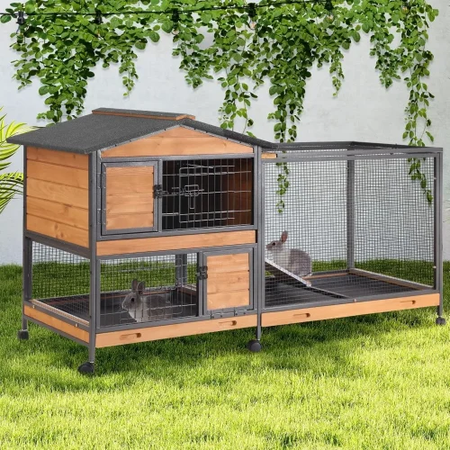 2-Story Rabbit Hutch with Chew-Proof Full Metal Frame for Indoor/Outdoor - 62" Bunny Cage with 6 Locking Casters & 2 Pull-Out T