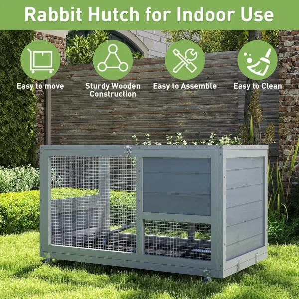 Fashionable Wood 36In Rabbit Hutch Indoor on Wheels Bunny Cage Outdoor Rabbit Cage with Clean Tray, Openable Roof
