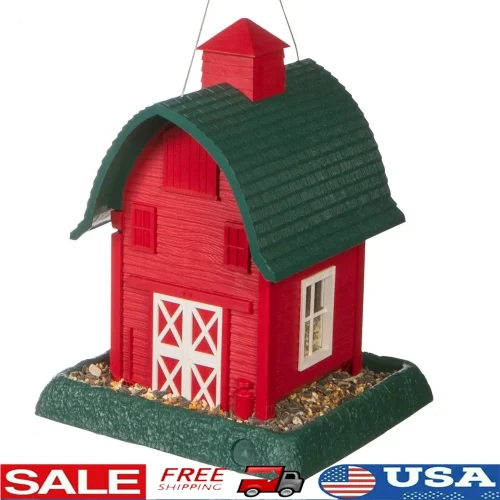 Red Barn Hopper Bird Feeder 5lb Capacity Squirrel Proof Durable Plastic Removable Tray Hanging or Pole Mounted Cardinals