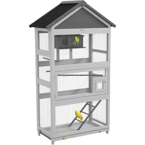 Wooden Bird Aviary, 67" Outdoor Bird Cage with Slide-Out Tray, Three Doors, Birdhouse, Ladder, Perches for Finches, Parakeets,