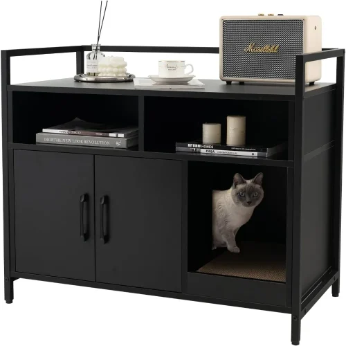 Cat Litter Box Enclosure - Cat Washroom Hidden Furniture with Front Entry, Scratcher, 2-Door Storage Cabinet