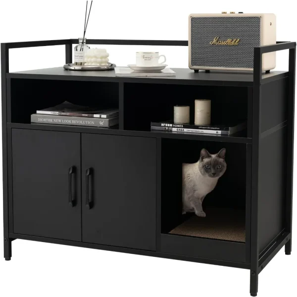 Cat Litter Box Enclosure - Cat Washroom Hidden Furniture with Front Entry, Scratcher, 2-Door Storage Cabinet