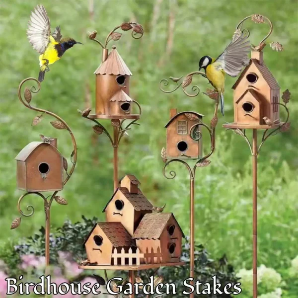Birdhouse Garden Stakes Outdoor Decor Metal Bird House Art Crafts Bird Feeders Miniatures for Outdoor Garden Decorations