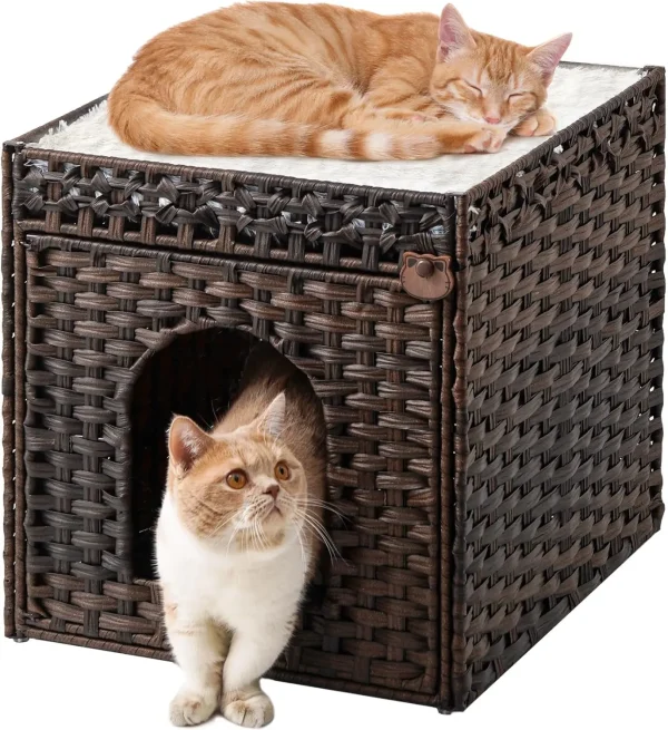Cat Beds for Indoor Cats Extra Large Double Cat Cave Pet Cube, Handwoven Rattan Cat Houses with Double-Sided Soft Cushions