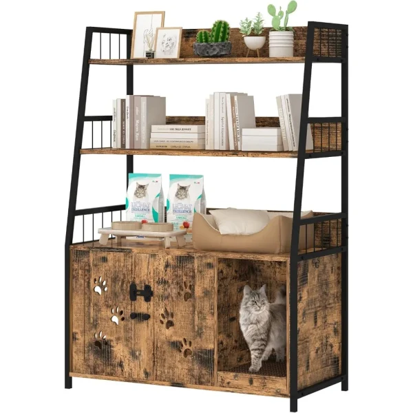 Large Cat Litter Box Enclosure with Shelf Storage, Hidden Cat Washroom Furniture, Wooden Cat House with Scratch Pad