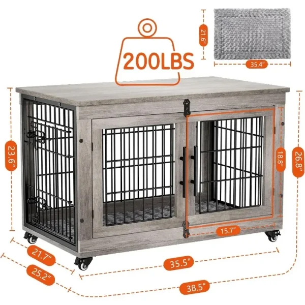 Lulive Dog Crate Furniture,Dog Kennel Indoor Double Doors Wooden Dog Cage,38'' Heavy Duty Dog Crate with Cushion&Wheel,Pet House