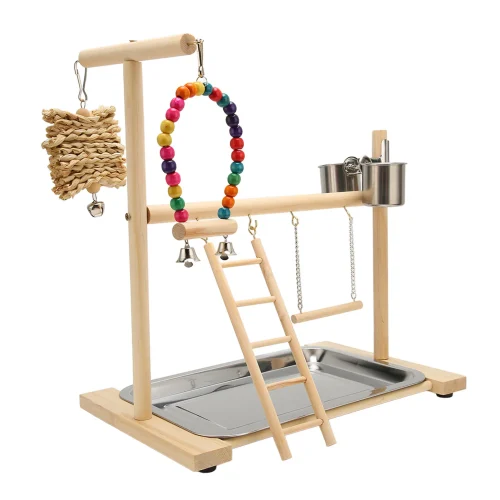 Wood Parrot Playstand Stand Safe Bite Resistant Relieve Boredom Bird Playground with 2 Feeding Cups for Birds Parrots