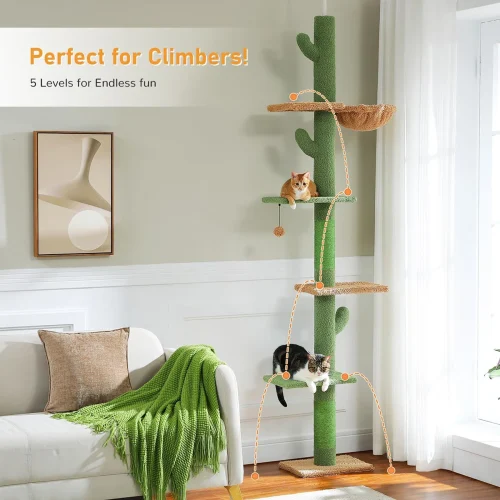 Cat Tree 5-Tier Floor to Ceiling Cat Tower Cactus Tall Climbing Frame with Scratching Post and Hammock for Indoor Cats