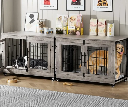 Dog Kennel Indoor Double Doors Wooden Dog Cage, 38'' Heavy Duty Dog Crate End Table Pet House Chew-Resistant Up to 70 lb, Grey