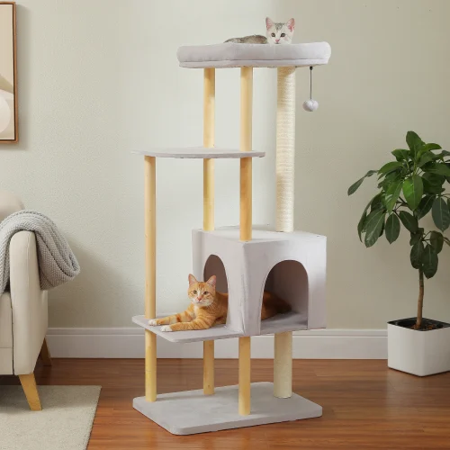 Modern Wooden Cat Tree with Sisal Scratching Posts Scraping Columns Large Condo, Multi-Level Cat Tree for Indoor Cats, Cat Toys