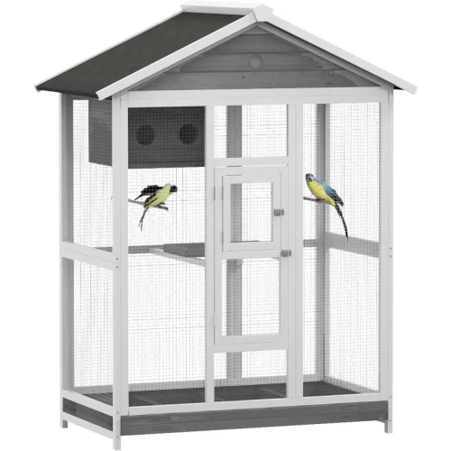 PawHut 64.5" Wooden Bird Cage Aviary, Flight Cage with 4 Perches, Nest and Slide-Out Tray for Indoor/Outdoor, Gray