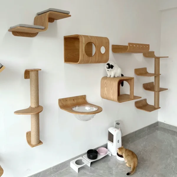 Cat Wall Mounted Furniture Cat Climbing Shelves Scratching Post Ladder Cat Perch Wooden Cat Tree House for Kitten Sleep Play