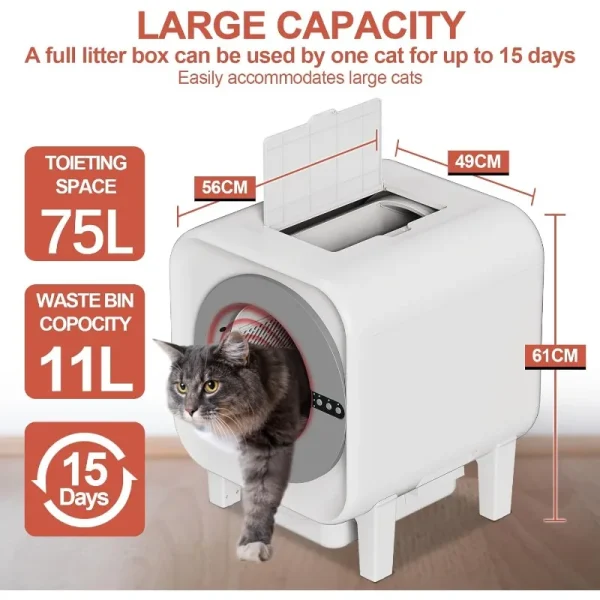 Self-Cleaning Cat Litter Box, 75L XL Capacity(48x55x61cm), WiFi APP Control, Odorless Automatic Cat Toilet with Garage Bags