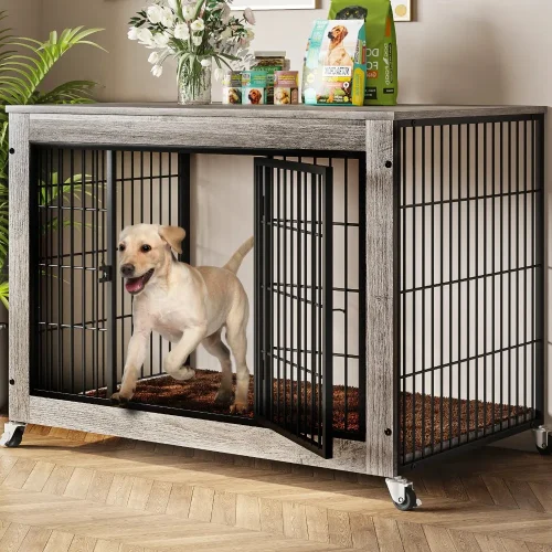 Dog Crate Furniture with Cushion, Double Doors Wooden Dog Kennel Indoor with Wheels, dogs Houses