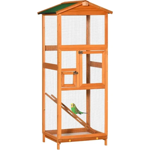 65" Wooden Bird Cage Outdoor Aviary House for Parrot, Parakeet, with Pull Out Tray and 2 Doors, Orange