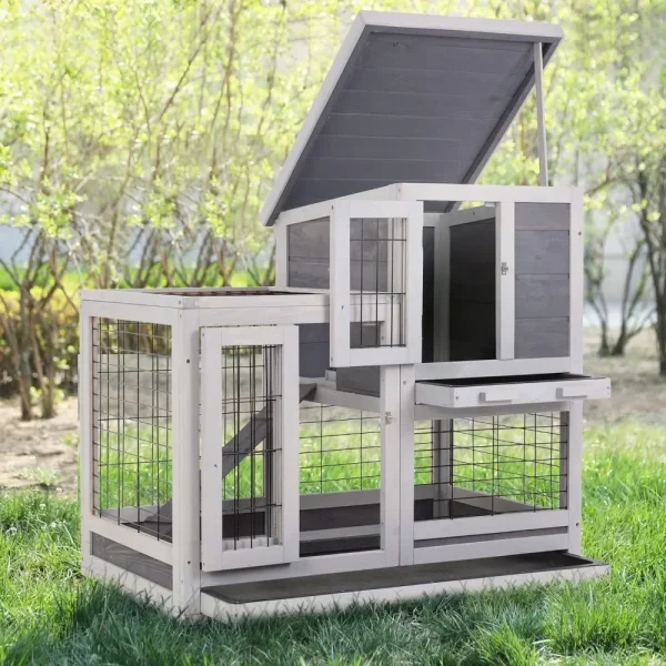 Rabbit Hutch Indoor and Outdoor Rabbit Cage 37 Inch Wide Wooden Hutch House Guinea Pig Cage with Wheels Rolling Larg