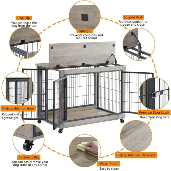 Wooden Dog Crate Furniture, 38.5" Dog Kennel with 3 Doors, Flip-up Top Opening and Wheels, Decorative Pet Crate Dog House