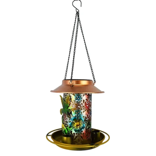 Solar Bird Feeder LED Lamp Hanging Bird Drinker Feeder IP55 Waterproof Metal Solar Energy Bird Feeders Outside/Garden Decoration