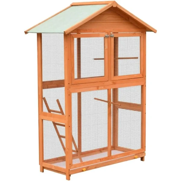 Wooden Bird Cage with Waterproof Roof, Outdoor Bird Aviary Parrot Cage for Parakeet, Finches and Any Small Birds, Solid Pine & F