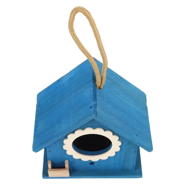 Blue Mini Bird House Wooden Nest Decor Creative Feeder Hanging Cage With Rope Sturdy Birds Home Garden Pet Products