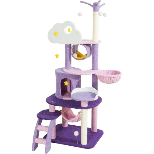 65 Inches Unique Cat Tree Large Tall for Indoor Cats Purple Pink Cloud Big Cat Tree Cat Castle Mansion Condo for Large Cats