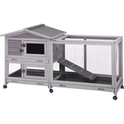 Rabbit Hutch Outdoor Indoor Rabbit Cage Chikcen Coop with Casters Guinea Pig Cage with 3 Deep No Leakage Pull Out Tray,Waterpro