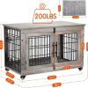 Dog Kennel Indoor Double Doors Wooden Dog Cage, 38'' Heavy Duty Dog Crate End Table Pet House Chew-Resistant Up to 70 lb, Grey