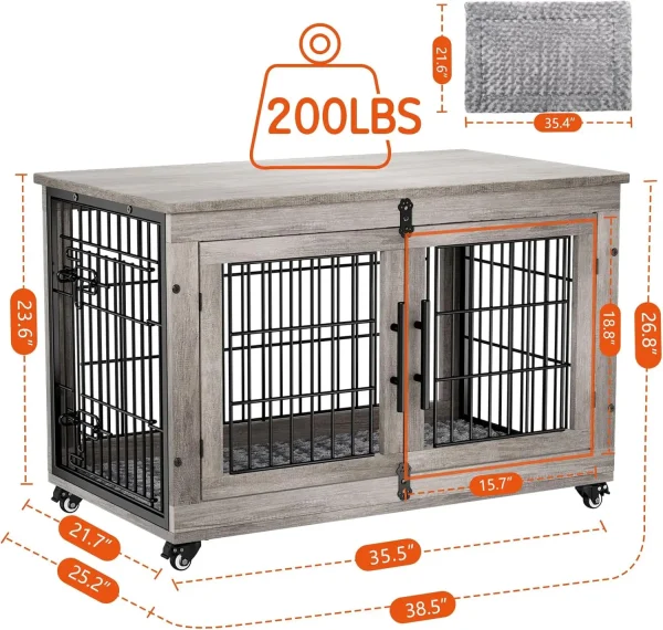 Dog Kennel Indoor Double Doors Wooden Dog Cage, 38'' Heavy Duty Dog Crate End Table Pet House Chew-Resistant Up to 70 lb, Grey
