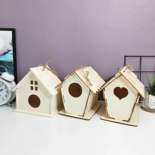 3pcs Home Crafts Wooden Bird Nest Minimalist Cartoon Bird Cage DIY Creative Bird House Tree