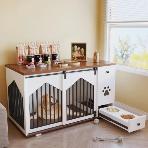 47 Inch Large Dog Crate Furniture with 2 Bowls, Wooden Kennel with Drawer and Barn Doors Decorative Pet House for Home