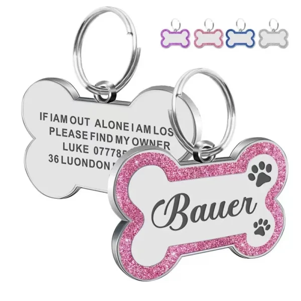 Custom Double Side Dog Cat ID Tag Glitter Dogs Cats Name Pendant Tags Pet Collar Accessories Anti-lost Bone Tags for Dog Cat