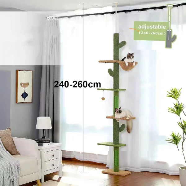 Cat Tree 5-Tier Floor to Ceiling Cat Tower Cactus Tall Climbing Frame with Scratching Post and Hammock for Indoor Cats