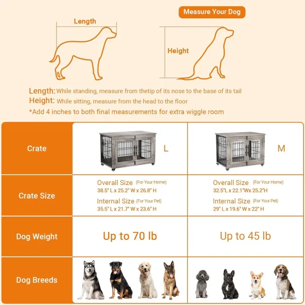 Dog Kennel Indoor Double Doors Wooden Dog Cage, 38'' Heavy Duty Dog Crate End Table Pet House Chew-Resistant Up to 70 lb, Grey