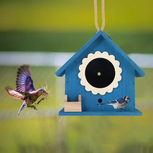 Blue Mini Bird House Wooden Nest Decor Creative Feeder Hanging Cage With Rope Sturdy Birds Home Garden Pet Products