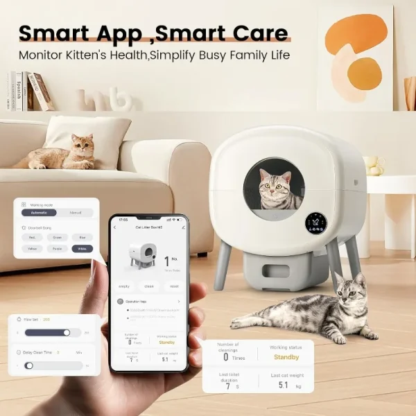 Extra Large Automatic Litter Box Self Cleaning for Multiple Cats, Odor-Free, App-Controlled, Ambient Light Waste Disposal