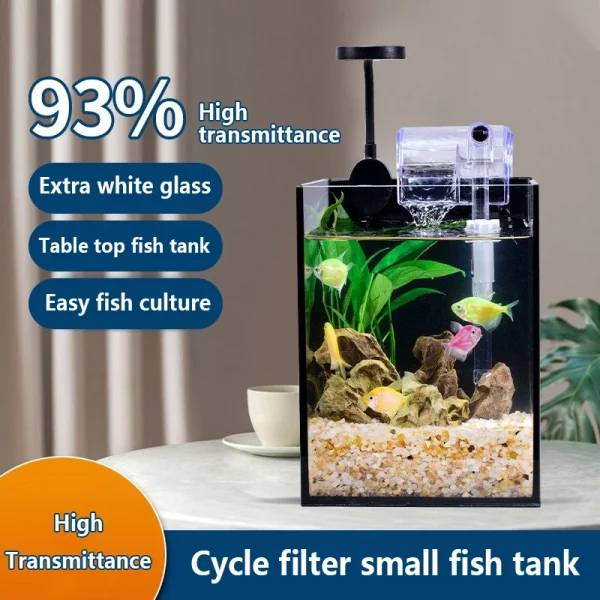 Betta Fish Tank Desktop Mini Aquariu Set with Light and Filter Portable Aquarium Fish Keeper Fishbowl for Office Room Landscape