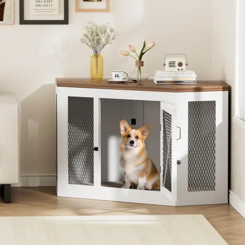 Corner Dogs Crate Furniture, Wooden Dog Kennel End Table with Mesh, Cage/House for Small Medium Large Dogs, Decorative Pet Crate