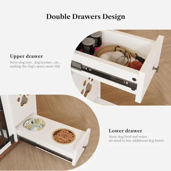 47 Inch Large Dog Crate Furniture with 2 Bowls, Wooden Kennel with Drawer and Barn Doors Decorative Pet House for Home