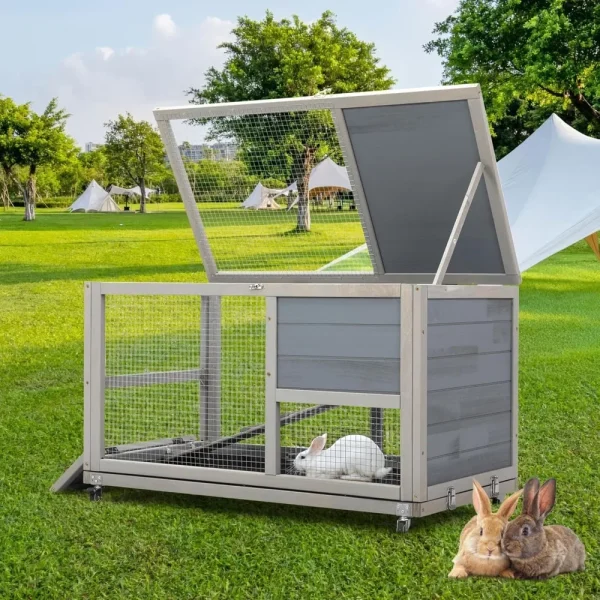 Fashionable Wood 36In Rabbit Hutch Indoor on Wheels Bunny Cage Outdoor Rabbit Cage with Clean Tray, Openable Roof