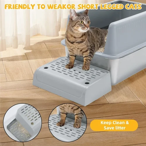 ALIM-Cat Litter Box Ramp With Filter Function, Double Layered Self-Cleaning Cat Litter Box Litter Trapper With Storage