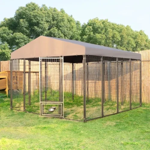 Large Outdoor Dog Kennel with Roof and Lockable Door, Heavy Duty Dog House Enclosure with Rotating Feeding Door