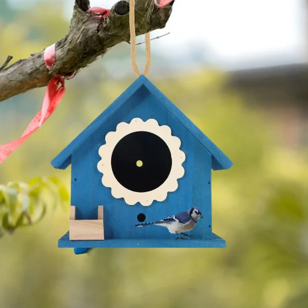 Blue Mini Bird House Wooden Nest Decor Creative Feeder Hanging Cage With Rope Sturdy Birds Home Garden Pet Products