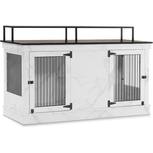 LUCK Large Dog Crate Furniture TV Stand, Wooden Pet Kennel With Double Doors, Indoor Furniture Style Dog House End Table