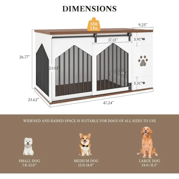 47 Inch Large Dog Crate Furniture with 2 Bowls, Wooden Kennel with Drawer and Barn Doors Decorative Pet House for Home